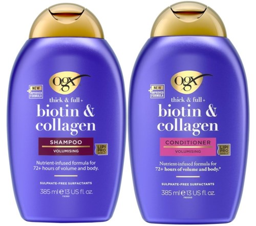 Twee paarse flessen OGX dik en vol biotin & collage shampoo en conditioner met gouden deksels.