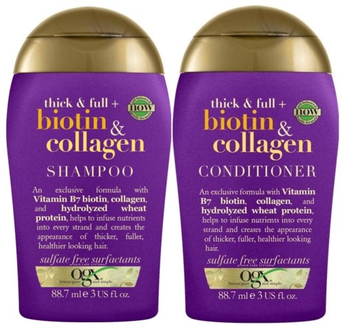 Twee kleine paarse flessen met gouden doppen: één voor shampoo, één voor conditioner, met biotine, collageen en tarwe-eiwit.