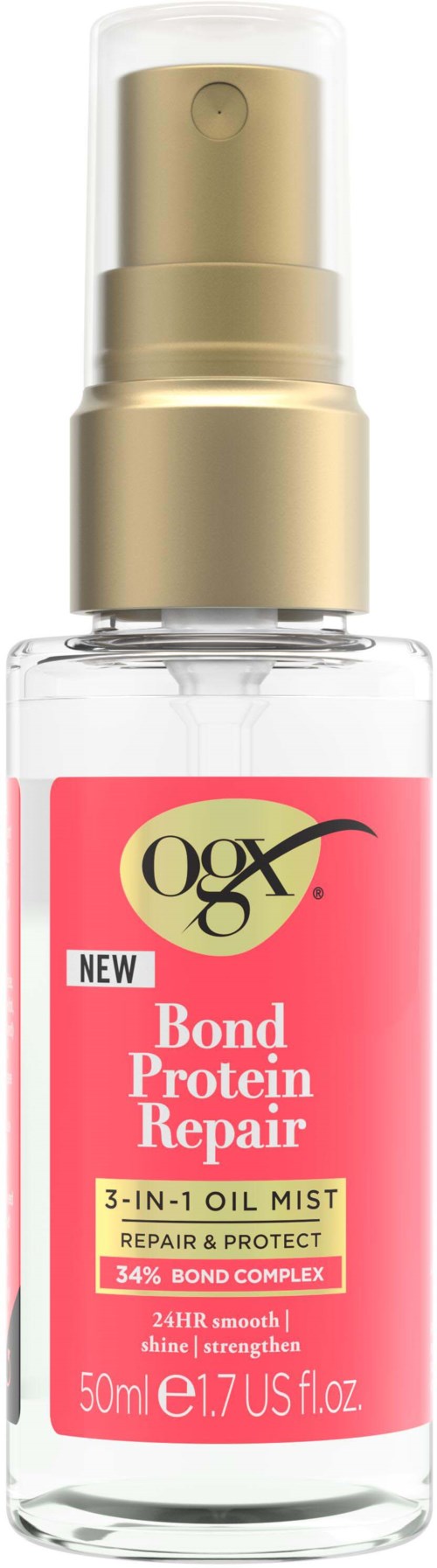 A small clear bottle with a gold cap and a pink label, claiming to repair and protect hair.
