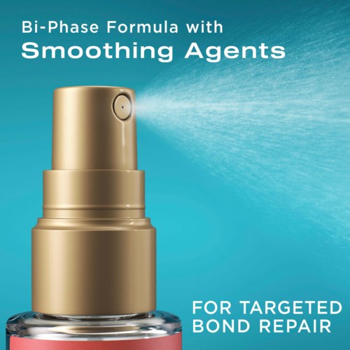 A skincare product with a pump spray, designed for targeted skin repair and soothing. Text highlights its bi-phase formula.