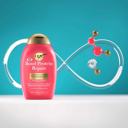 A pink bottle labeled 'Bond Protein Repair Conditioner' with a molecule illustration and a teal background.