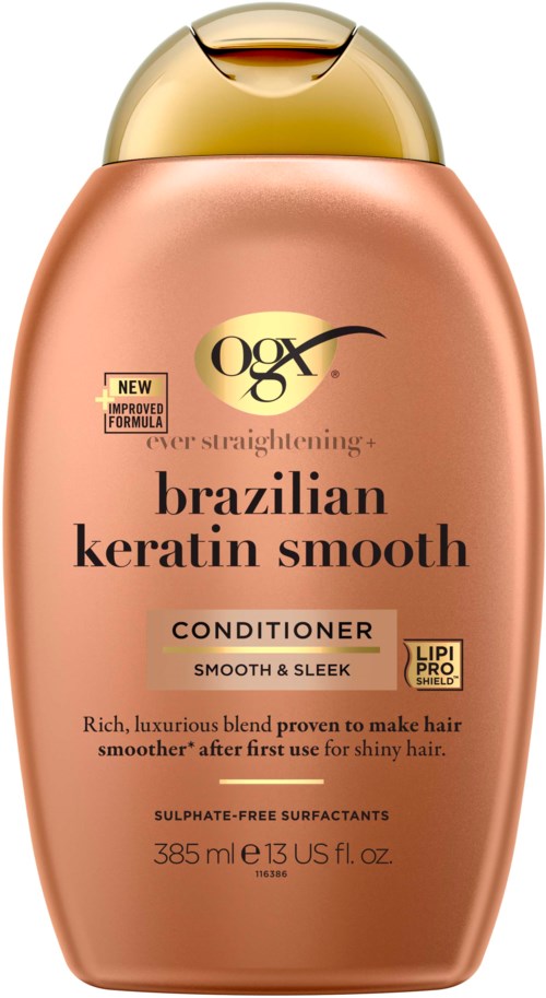 Een beige fles met een gouden dop, gelabeld 'Brazilian Keratin Smooth' conditioner, ontworpen om kroes te verminderen en glans toe te voegen.