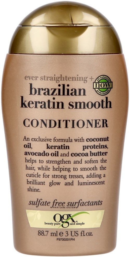 A bottle of Brazilian keratin smooth conditioner with a gold cap, featuring a label with product details and ingredients.
