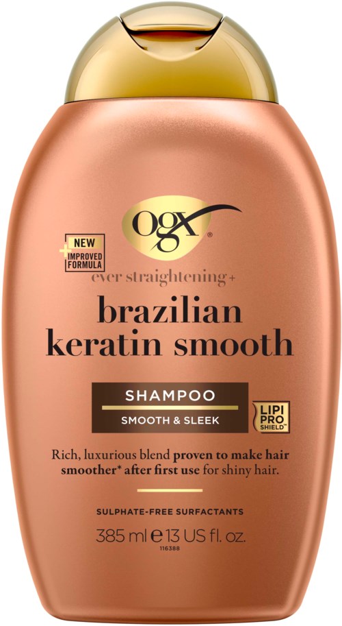 Dit is een fles OGX Brazilian Keratin Smooth shampoo in goud en roze kleuren, bevordert glad, glanzend haar.