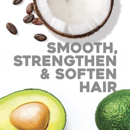 Een kokosnoot, een avocado en enkele koffiebonen worden weergegeven samen met de tekst: "Smooth, Strengthen & Soften Hair."