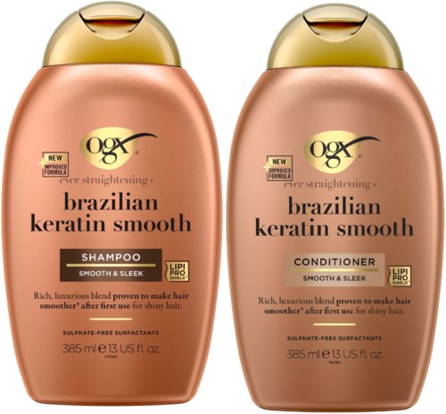 Twee flessen Braziliaanse keratine gladmak shampoo en conditioner, met goudkoppeling en beige lichaam, tonen hun etiketten.