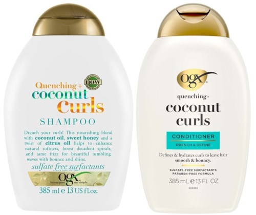 Two bottles of hair care products, one shampoo and one conditioner, with coconut scent, are shown side by side.