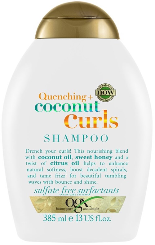 Een witte shampoo fles met een gouden deksel, label vermeldt kokos krullen, sulfaatvrij, 385 ml inhoud.