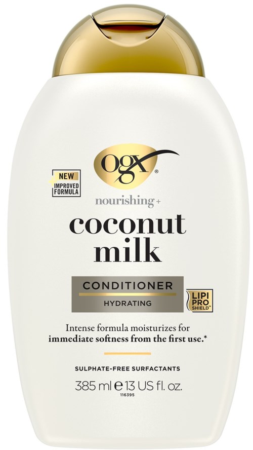 Valkoinen pullo, jossa kultainen korkki, merik Coconut Milk -hoitoaine kosteutukseen ja pehmeyteen.