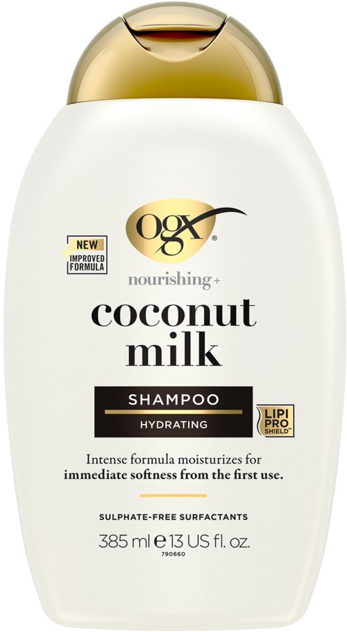 Shampoo-pullo nimeltä 'Kookosmaito' kosteuttavalla kaavalla ja sulfateille vapaa surfaktantteja, 385 ml.