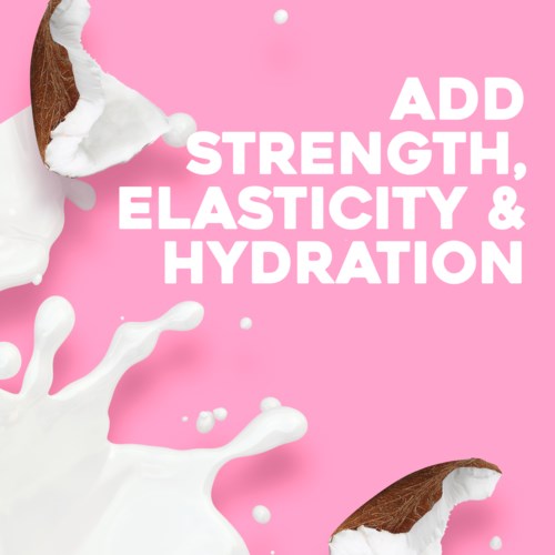 Roze achtergrond met witte tekst die kracht, elasticiteit en hydratatie benadrukt, en beelden van melksprays en chocolade stukjes.