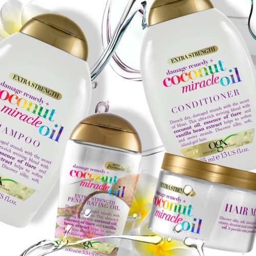 Haarverzorgingsproducten met kokosolie, waaronder shampoo, conditioner en haarmasker, hebben gouden doppen en kleurrijke etiketten.
