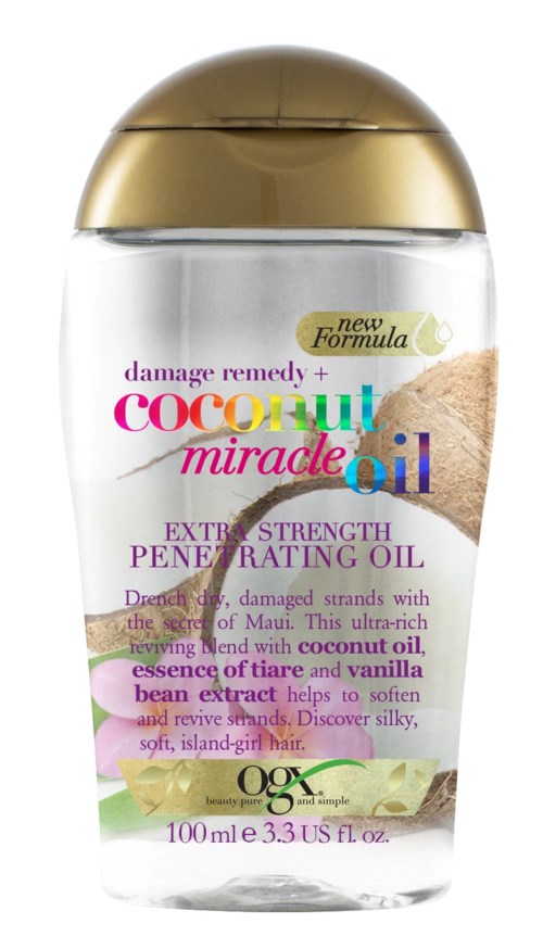 A clear bottle with a gold cap, labeled as coconut oil for hair care, contains about 100ml of product.