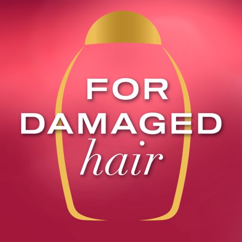 A logo with a pink background, showing a hair bottle outline in gold, and text for damaged hair care.