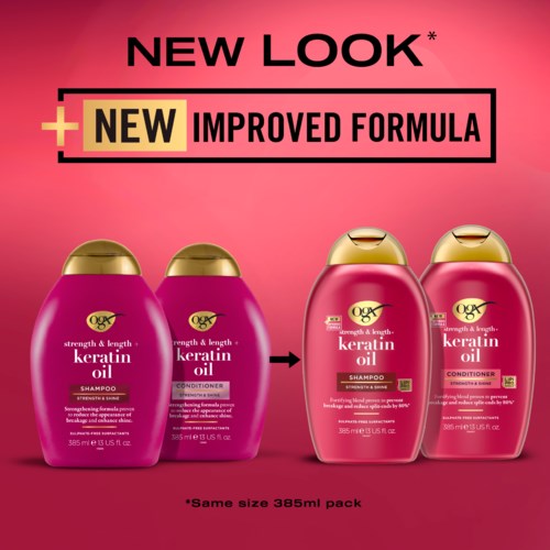 Shampoo- en conditionerflessen met nieuwe verbeterde formule, grotere maat, roze en gouden verpakking, en een nieuw uiterlijk.