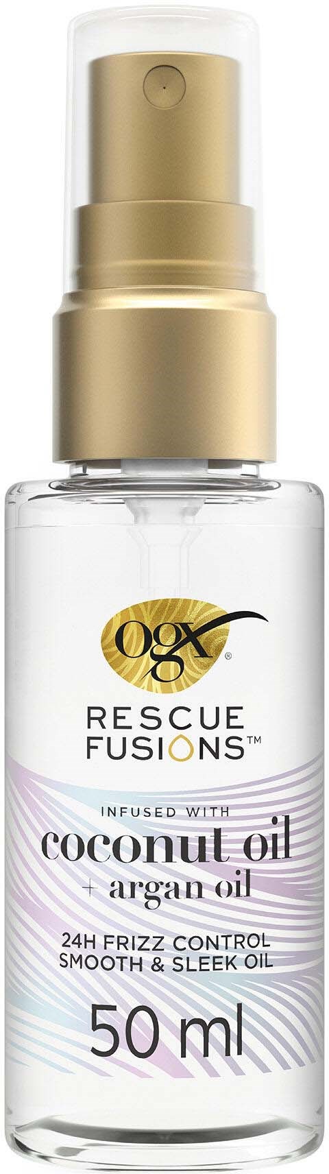 Klein doorzichtige fles met goudkleurige spraydop, bevat haarolie met kokos- en arganolie. Het zegt 'Rescue Fusions' en '50 ml'.