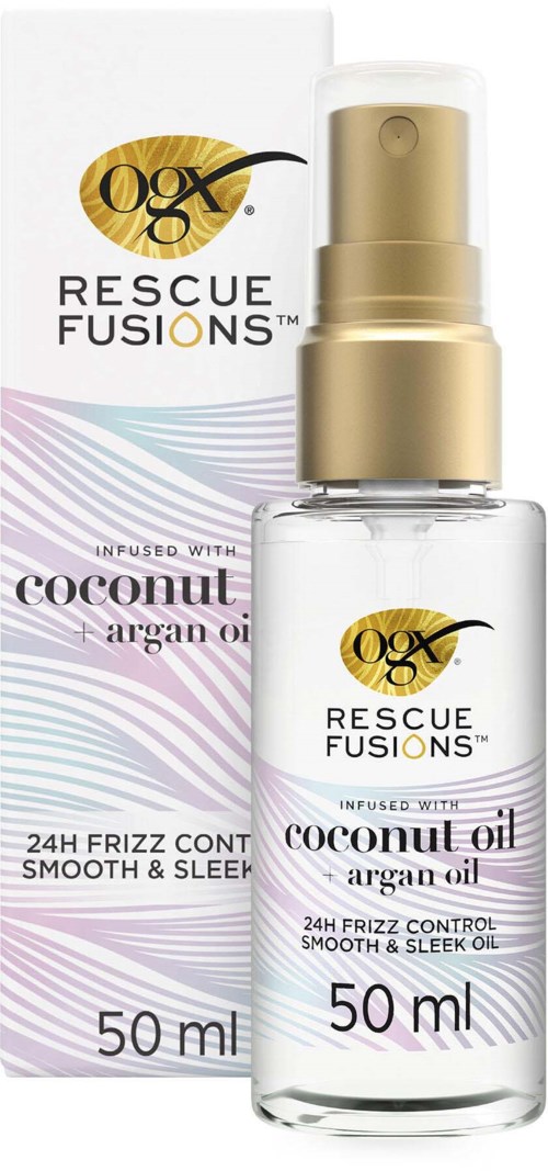 Kleine fles met haarolie met gouden pomp, gelabeld 'Rescue Fusions' en 'coconut en argan olie.'