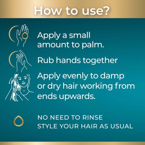 Instructies voor haarverzorging: breng kleine hoeveelheid aan, wrijf handen en werk in nat of droog haar vanaf de punten omhoog.