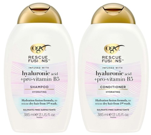 Kaksi OGX Rescue Fusion -shampoopulloa ja hoitoainetta, joissa kultaiset korkit, valkoiset kehot ja violetit ja kultaiset etiketit.