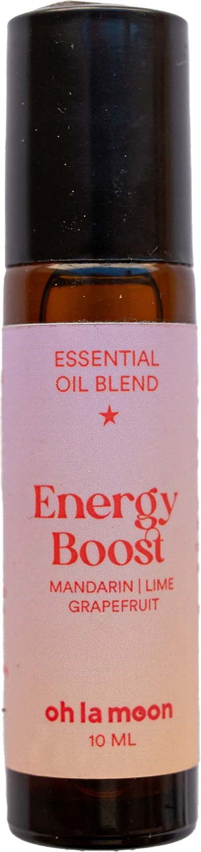 Pieni pullo nimeltä 'Energy Boost', jossa mandariini, lime ja greippi tuoksut, 10 ml, musta korkki.