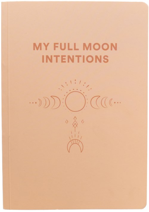Vaaleanpunainen muistivihko, jossa on kuun vaiheiden kaavio ja otsikko 'My Full Moon Intentions'.