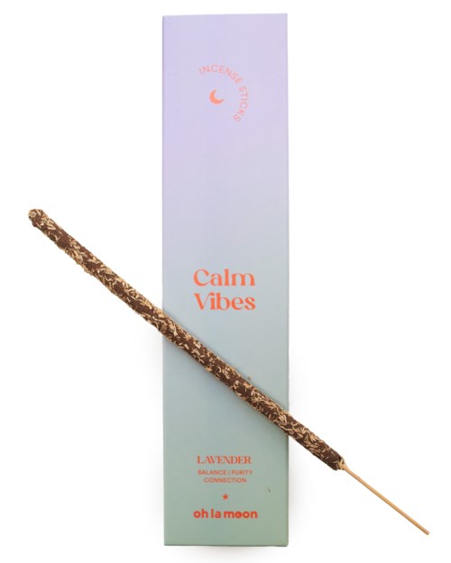 Lavendelinsienssitikku ja laatikko, jossa lukee "Calm Vibes" ja kuu-kuvio.