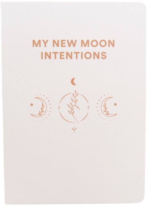 kortti, jossa lukee "My New Moon Intentions" ja kuvioita kuista ja tähdistä pehmeässä persikanvärissä.