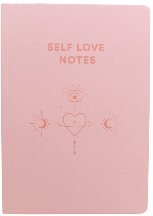 Vaaleanpunainen muistikirja nimeltä 'Self Love Notes' ja symboleita silmästä, kuu- ja sydänkuvista.