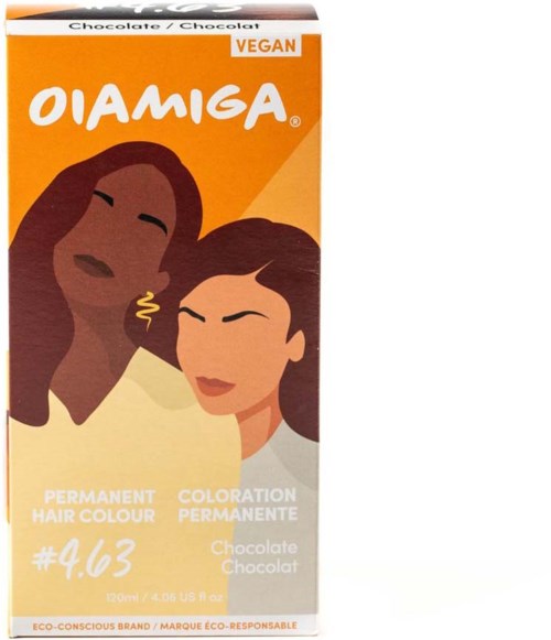 Een doosje met vegan haarverf, met twee geïllustreerde vrouwen met donker haar en tekst over permanente kleur in chocolade.