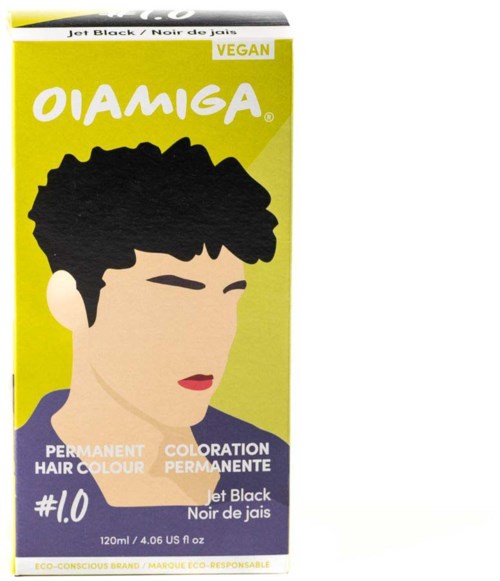 Een gele doos met OIAMIGA veganistische permanente haarverf, met een gestileerde gezichtsillustratie en productgegevens.