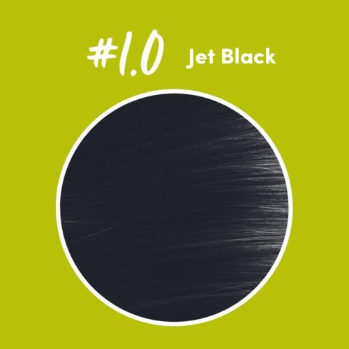 Een label met groene achtergrond, met "Jet Black" en "#1.0" boven een zwarte cirkel.
