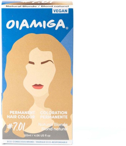 Vegan haarkleuring verpakking met afbeelding van een blond vrouw, tekst over permanente kleuring, OIAMIGA merk.