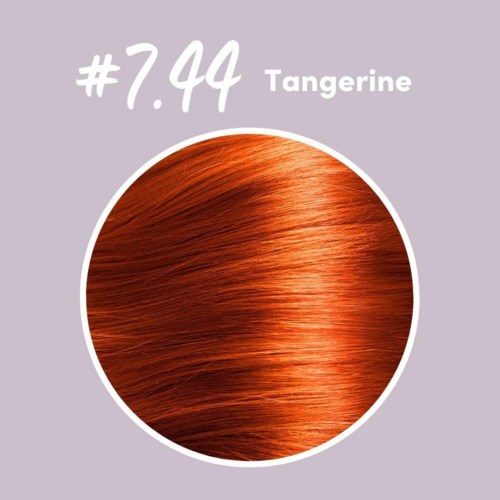 Een cirkel toont oranje haar, met tekst die aangeeft dat het tint #7.94, Tangerine.