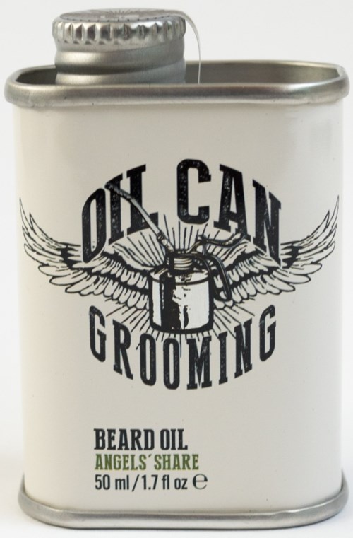 A small metal container that looks like a vintage oil can, labeled as beard oil with angel's share scent.