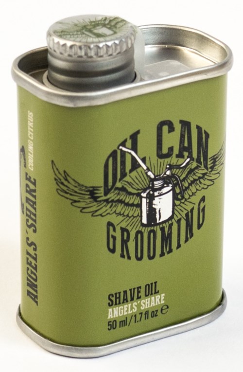 A green metal can with a lid, labeled 'Oil Can Grooming' for shave oil, 50 ml.