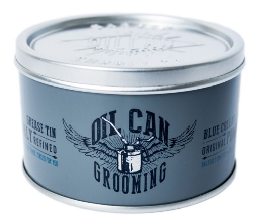A round, blue tin container labeled 'On Can Grooming' with a logo of a grooming brush and wings.