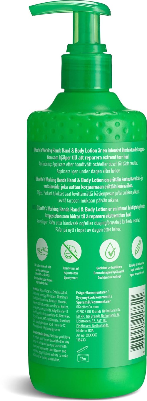 Groene fles met pomp voor hand- en lichaamsgebruik, met instructies en pictogrammen voor handen wassen en hydrateren.