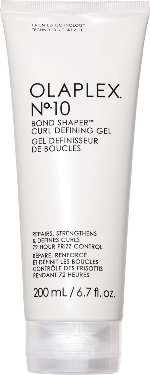 A white tube of Olaplex No.10 Bond Shaper curl gel, with black and gray text, shows product details and volume.