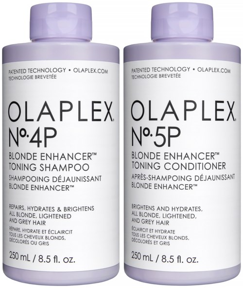 Twee flessen Olaplex-haarproducten, één voor blondes en één voor conditioner, met labels die hun doel aangeven.
