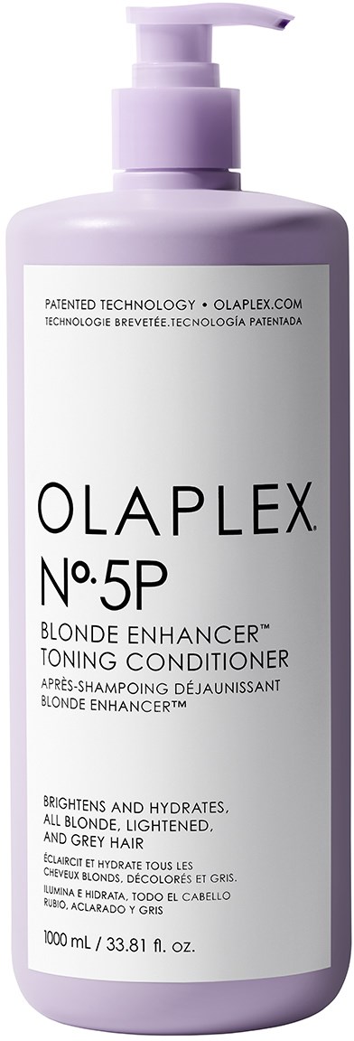 Een licht paarse fles met pomp, gemarkeerd Olaplex No. 5P Blonde Enhancer Toning Conditioner, voor haarverzorging.