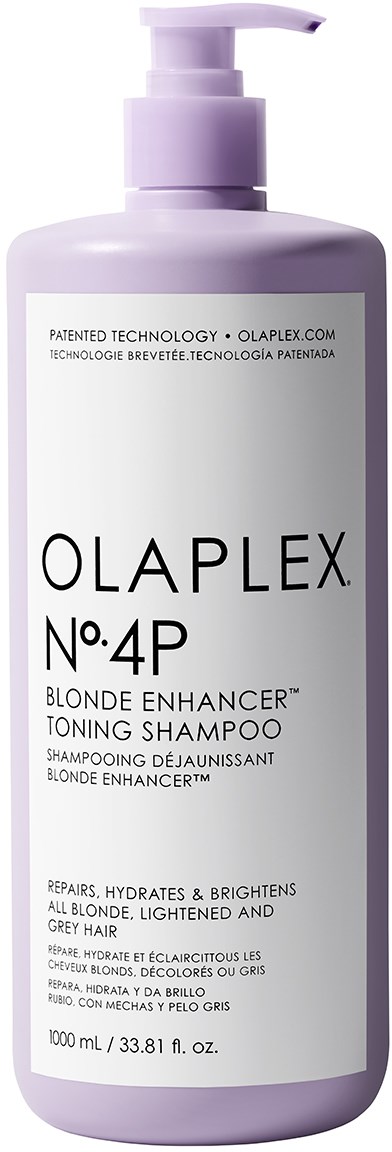 Lila fles met pomp, gelabeld Olaplex No. 4P Blonde Enhancer Toning Shampoo, 1000ml, voor blond, verlicht en grijs haar.