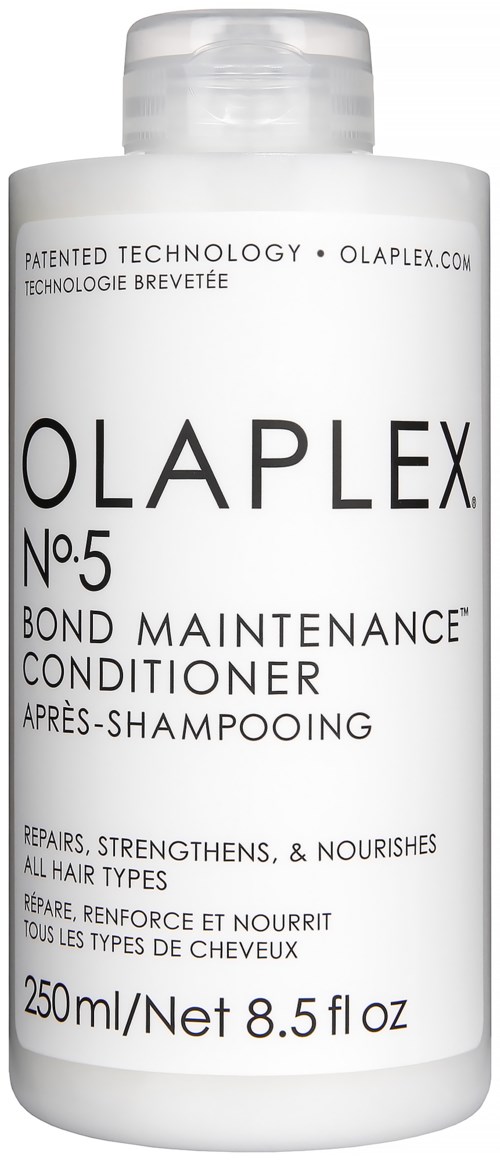 White bottle of Olaplex No.5 Bond Maintenance Conditioner for all hair types, 250ml/8.5 fl oz.