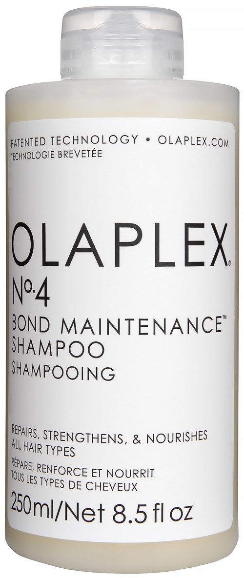 A white bottle of Olaplex No. 4 Bond Maintenance Shampoo with black text on the label.