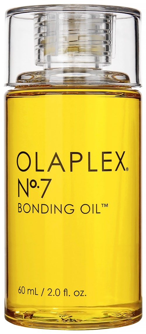 A small glass bottle filled with yellow bonding oil. The label reads 'OLAPLEX No.7 BONDING OIL.'