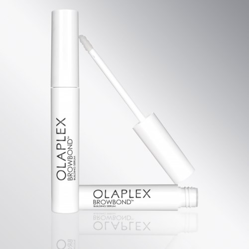 Een wit flesje met 'Olaplex Brow Bond' en een gebogen borstel. De achtergrond is lichtgrijs.
