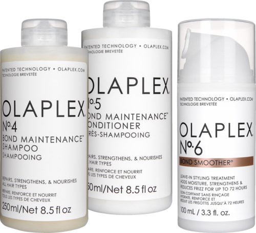 Drie flessen Olaplex-haarverzorgingsproducten, gemarkeerd No.4, No.5 en No.6, worden getoond.