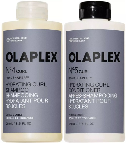 To flasker med Olaplex hårprodukter for krøller, inkludert sjampo og balsam, hver 250ml.