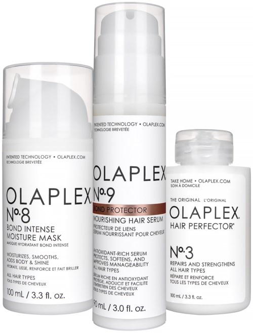 Drie Olaplex-haarproducten: No.8 vochtmasker, No.9 bondbeschermend serum, en No.3 haarperfectionist.