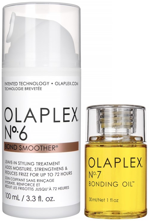 Twee Olaplex-haarproducten: een doorzichtige pompflacon en een kleine gele olieflacon.