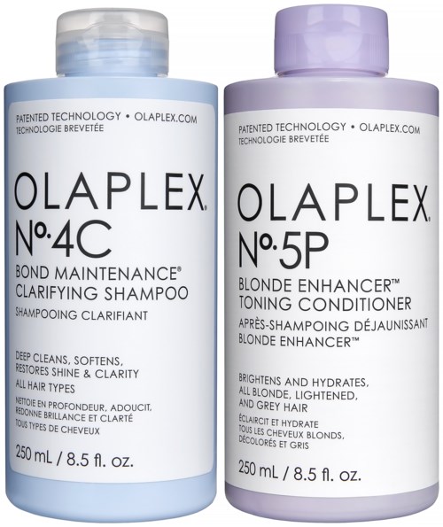 Twee flessen: een clarifying shampoo, de andere blonde enhancer toning conditioner, allebei 250 ml, met paarse en blauwe doppen.